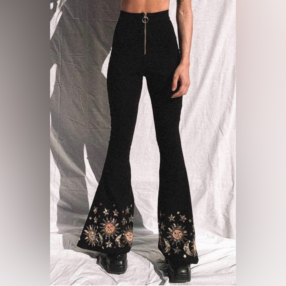HER PONY THE LABEL STELLA SEQUIN SPARKLE HIGH WAIST FLARES